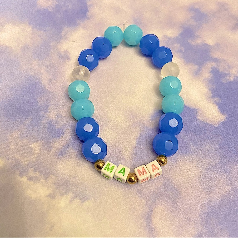 Mama Peacock and Light Blue Round Bead Stretch Word Affirmation Wrist Bracelet.